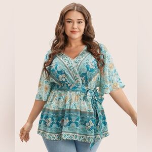 NWT Women’s BLOOMCHIC Floral Print Ruffle Belted Blouse Size 18-20